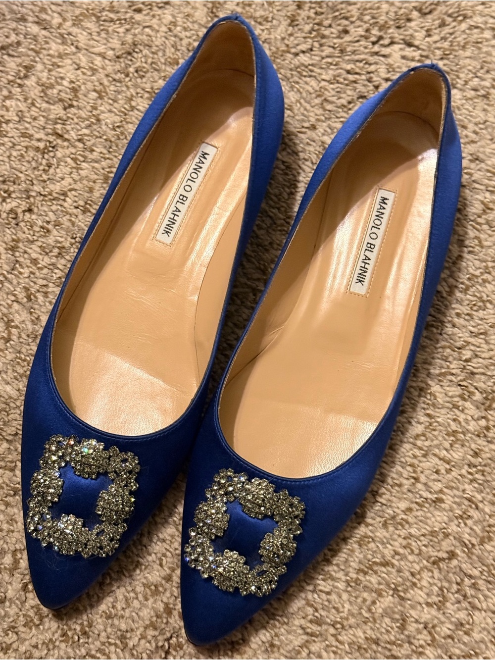 Manolo Blahnik Royal Blue Satin Pointed Toe Flats with Crystal Buckle
